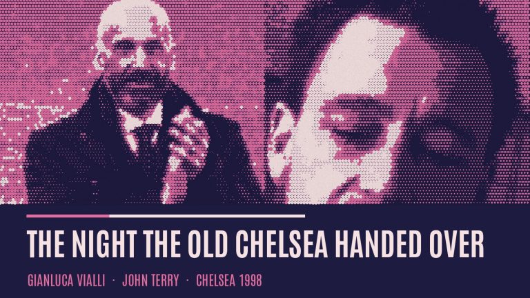 Pink and navy halftone screenprint of Gianluca Vialli applauding at Stamford Bridge beside a close-up of John Terry, titled The Night the Old Chelsea Handed Over.